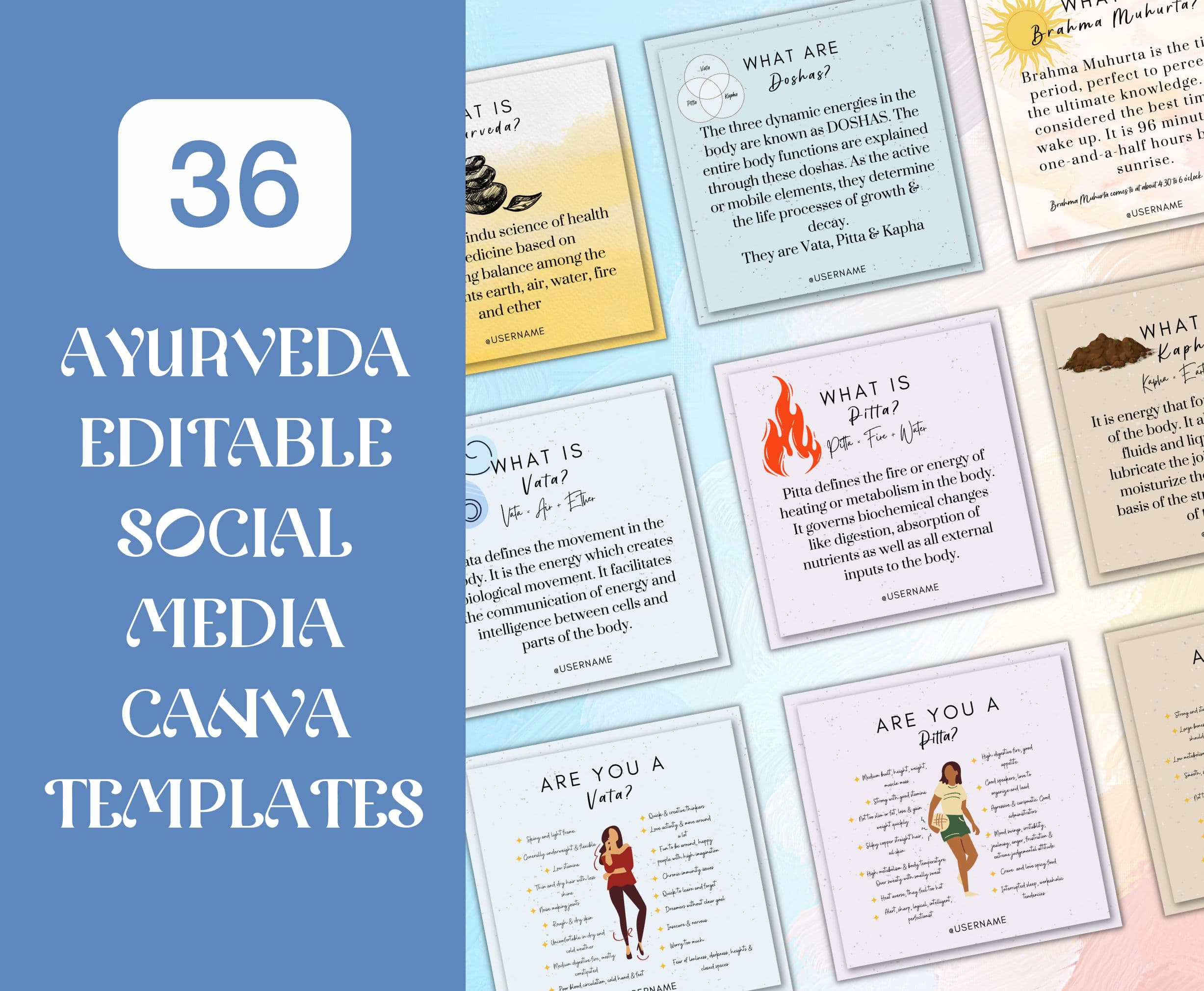 Ayurveda Instagram Post Bundle: 36 Canva Templates